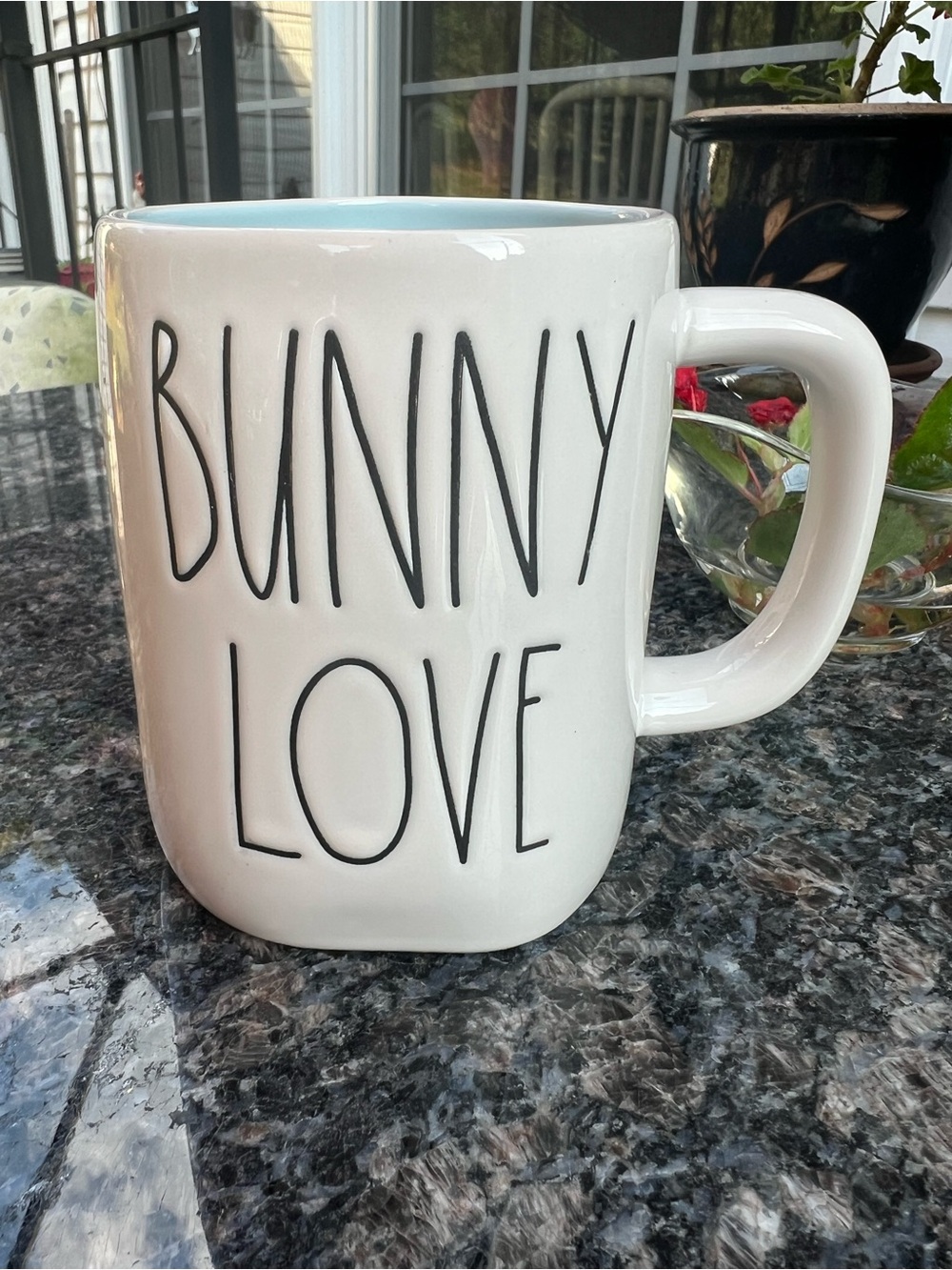 Rae Dunn Bunny Love Mug - White Exterior with Light Blue Interior